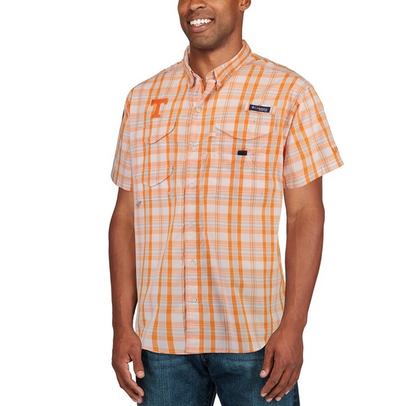 Columbia PFG Tennessee Volunteers Mens XL Plaid Polo Fishing Orange White - Picture 2 of 12
